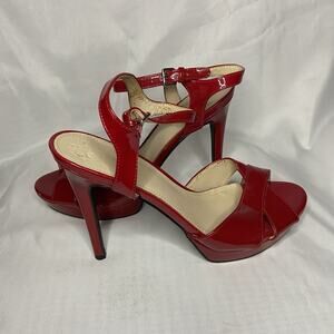 Guess Women's US 9 Red Patent Jordie Ankle Strap 4.75" Heels Pinup Valentine